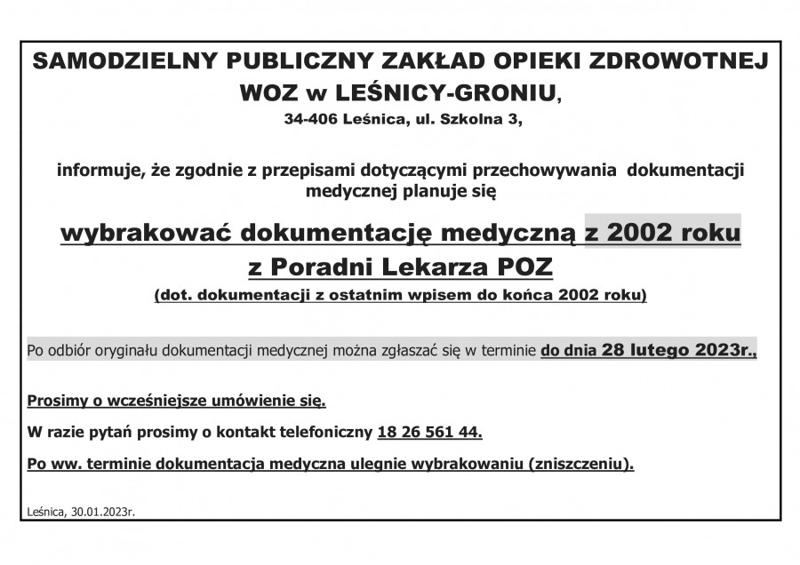Brakowanie (niszczenie) dokumentacji medycznej z 2002r.