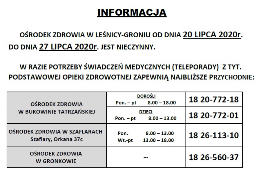 Informacja- przychodnia nieczynna